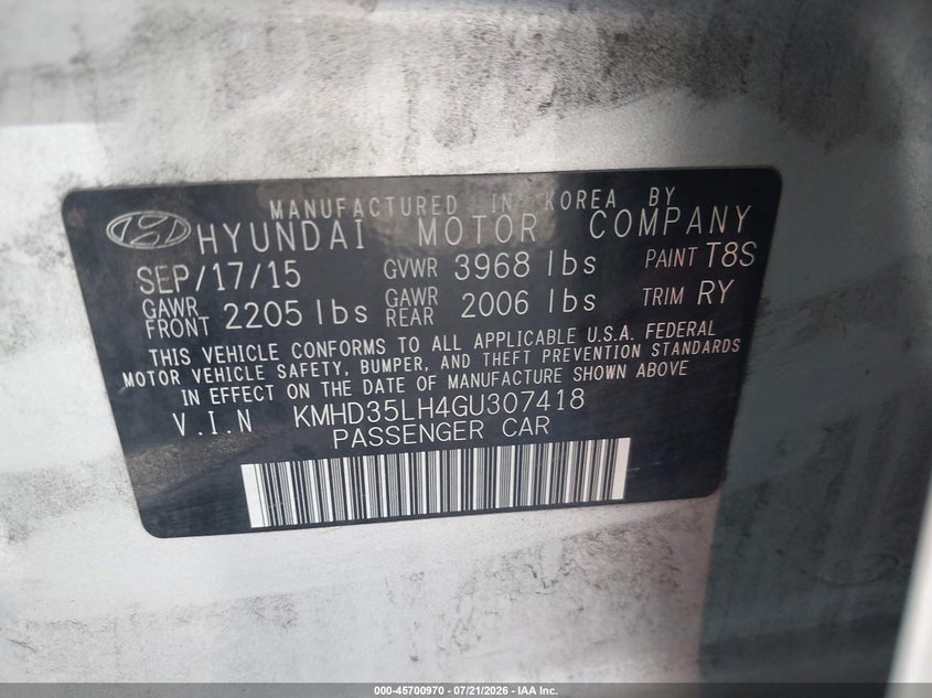 2016 Hyundai Elantra Gt VIN: KMHD35LH4GU307418 Lot: 45700970