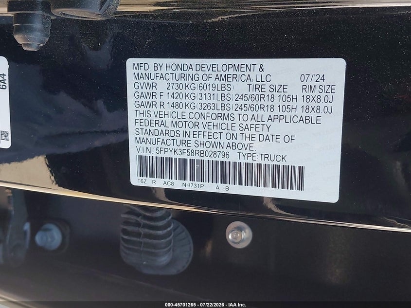 2024 HONDA RIDGELINE PICKUP 3.5L V-6 DI, VVT, 280HP