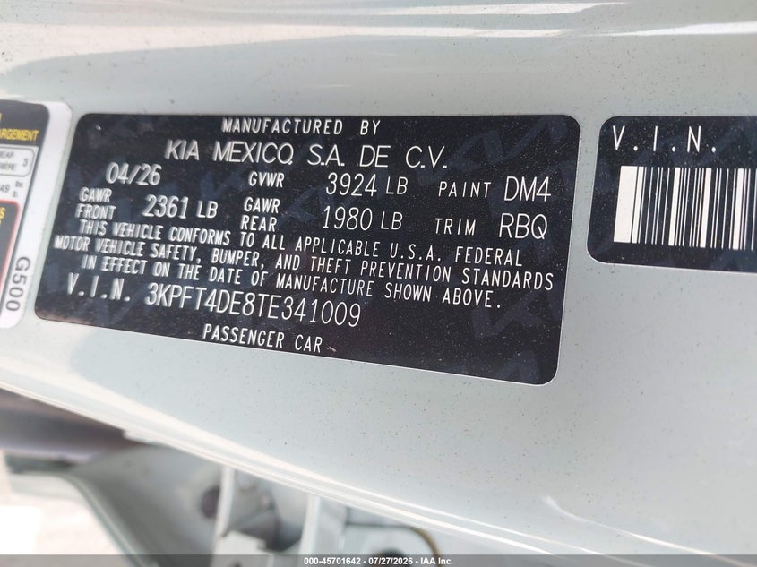 KIA K4 2026 VIN 3KPFT4DE8TE341009