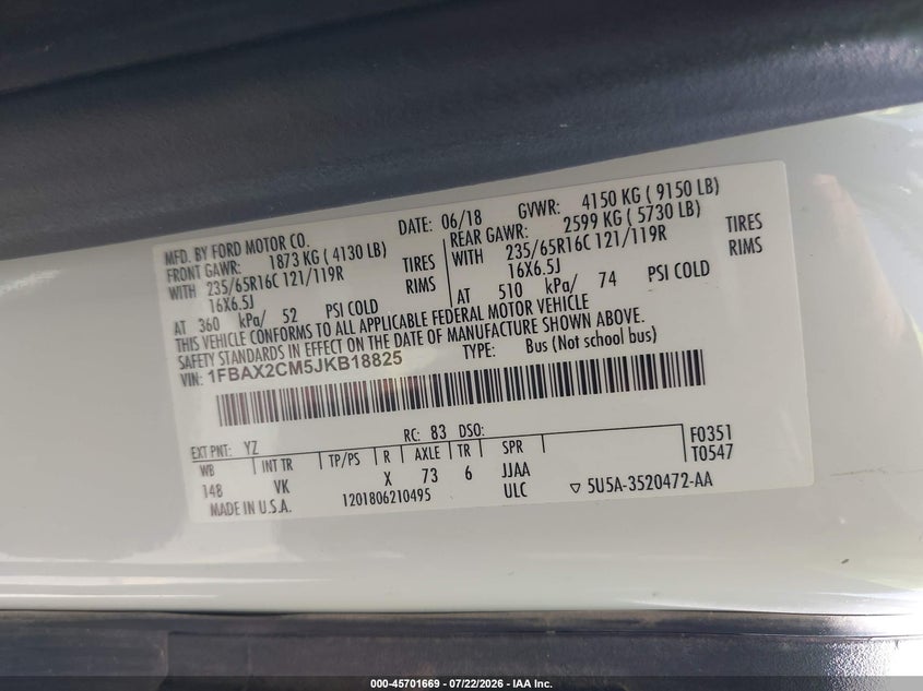 2018 FORD TRANSIT WAGON 3.7L V-6 DOHC, VVT, 275HP