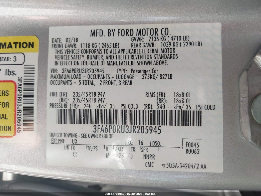 2018 FORD FUSION SEDAN 2.0L I-4 DOHC, VVT, 141HP