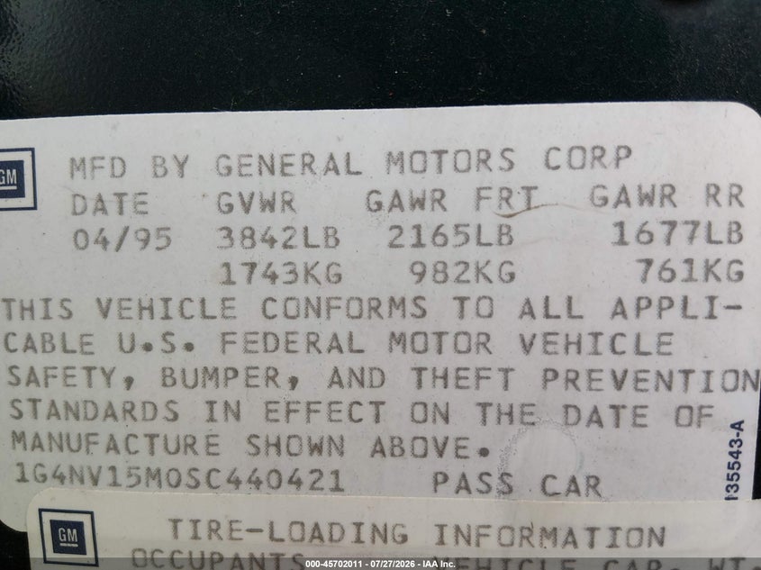 BUICK SKYLARK 1995 VIN 1G4NV15M0SC440421