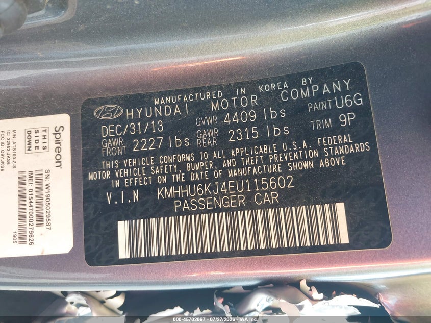 HYUNDAI GENESIS 2014 VIN KMHHU6KJ4EU115602