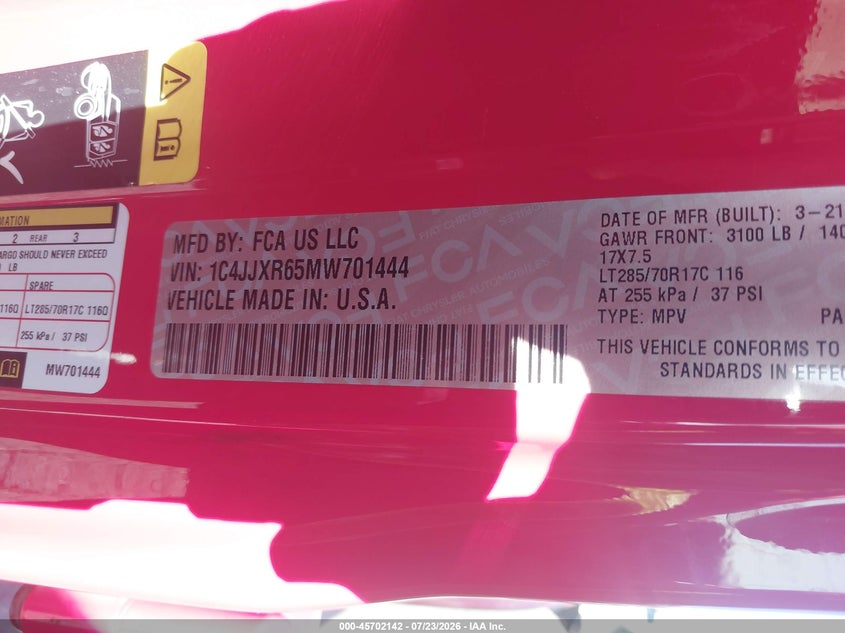 JEEP WRANGLER 4XE 2021 VIN 1C4JJXR65MW701444