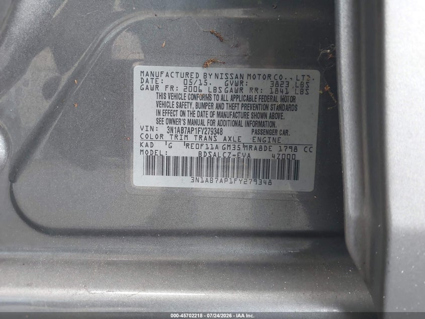 2015 NISSAN SENTRA SEDAN 1.8L I-4 DOHC, VVT, 124HP