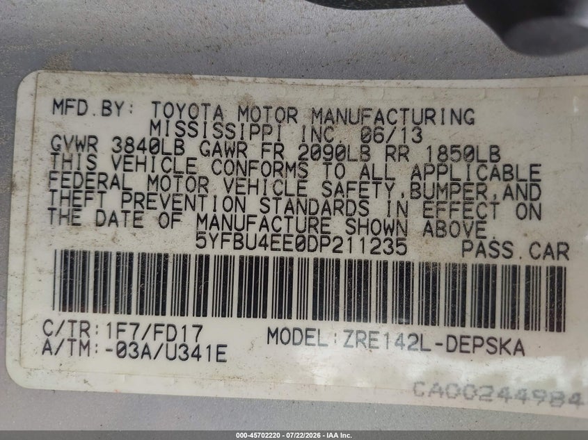 2013 TOYOTA COROLLA SEDAN 1.8L I-4 DOHC, VVT, 132HP