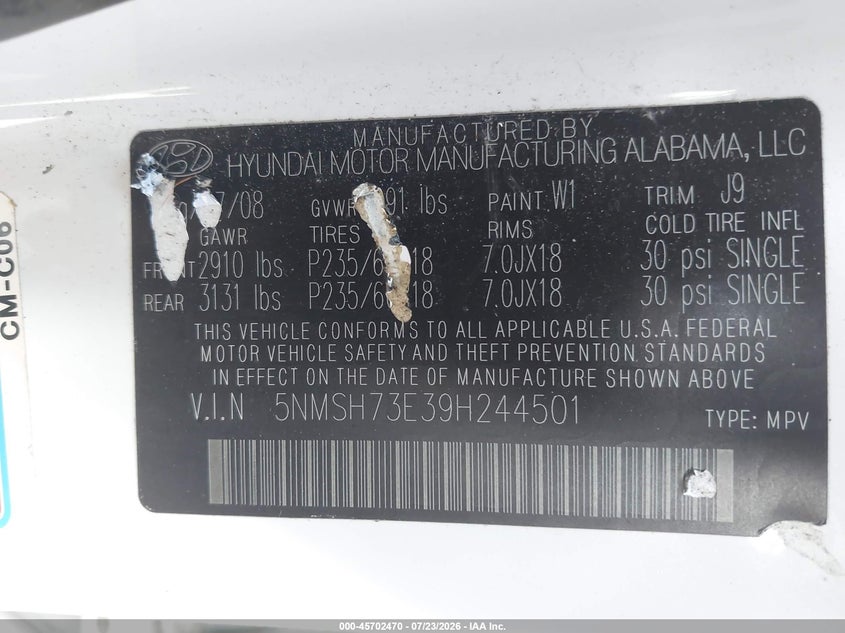 HYUNDAI SANTA FE 2009 VIN 5NMSH73E39H244501