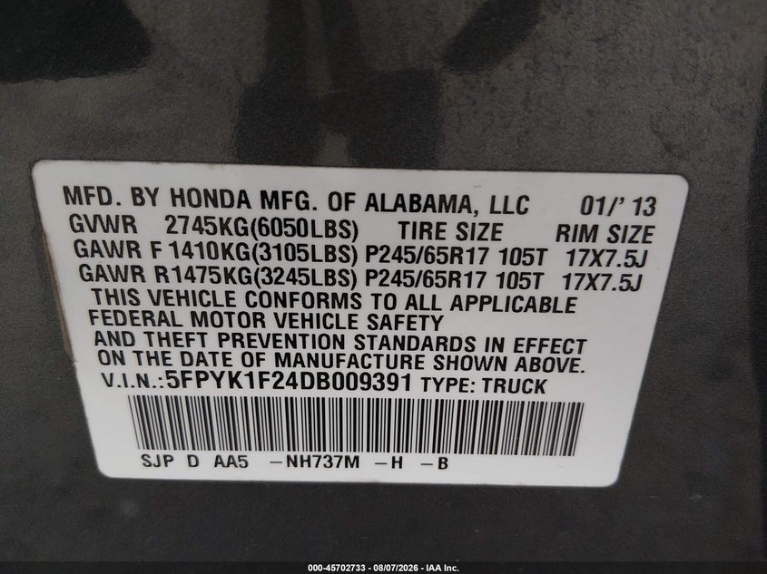 HONDA RIDGELINE 2013 VIN 5FPYK1F24DB009391
