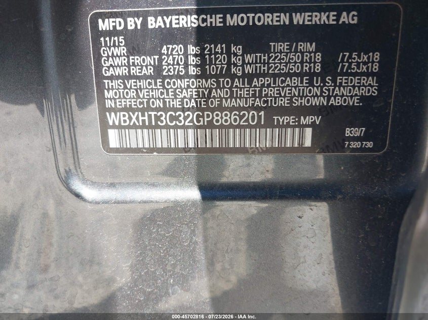 BMW X1 2016 VIN WBXHT3C32GP886201