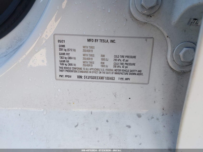 TESLA MODEL Y 2021 VIN 5YJYGDEEXMF188463