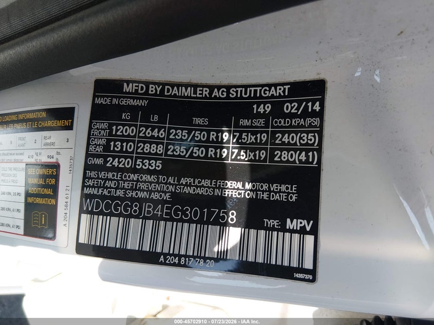 MERCEDES-BENZ GLK 350 2014 VIN WDCGG8JB4EG301758