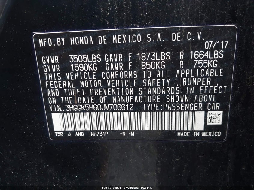 HONDA FIT 2018 VIN 3HGGK5H60JM706612