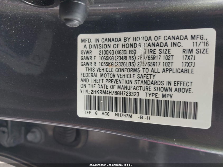 2016 HONDA CR-V SPORT UTILITY VEHICLE 2.4L I-4 DI, DOHC, VVT, 185HP