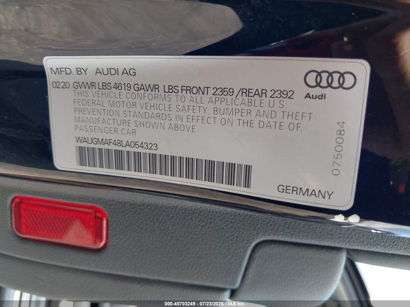 2020 AUDI A4 SEDAN 2.0L I-4 DI, DOHC, VVT, TURBO, 188HP