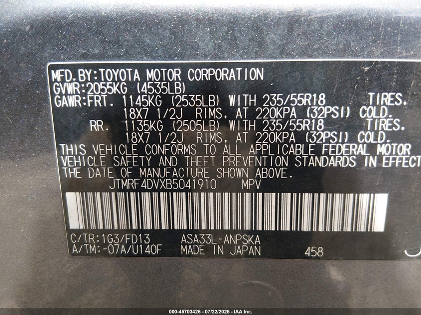 2011 TOYOTA RAV 4 SPORT UTILITY VEHICLE 2.5L I-4 DOHC, VVT, 179HP