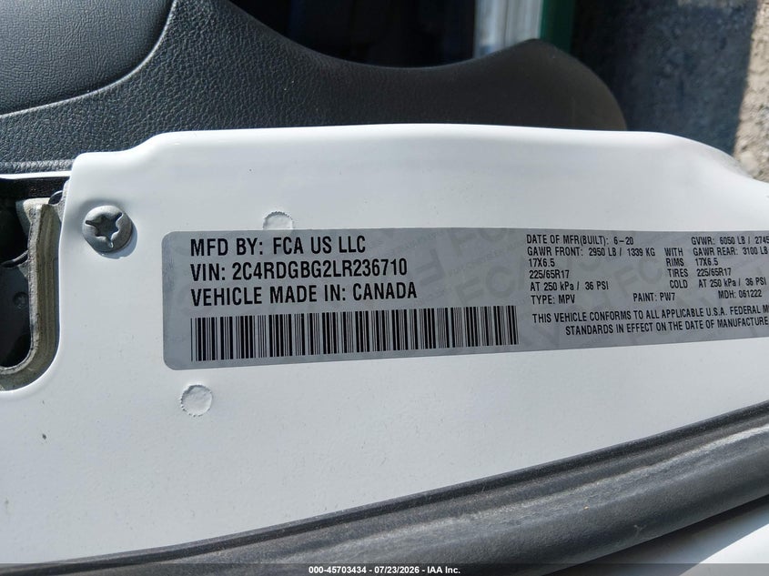 Vin: 2c4rdgbg2lr236710, lot: 46202090, dodge grand caravan se plus 20204