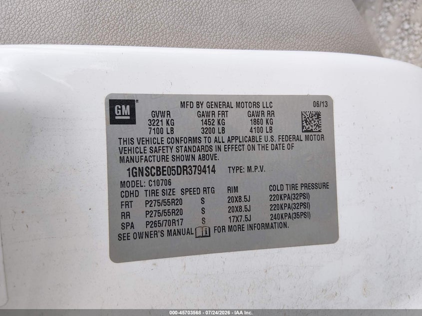 CHEVROLET TAHOE 2013 VIN 1GNSCBE05DR379414