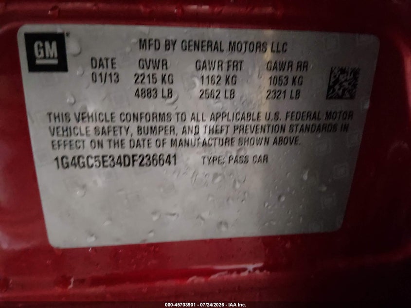 BUICK LACROSSE 2013 VIN 1G4GC5E34DF236641