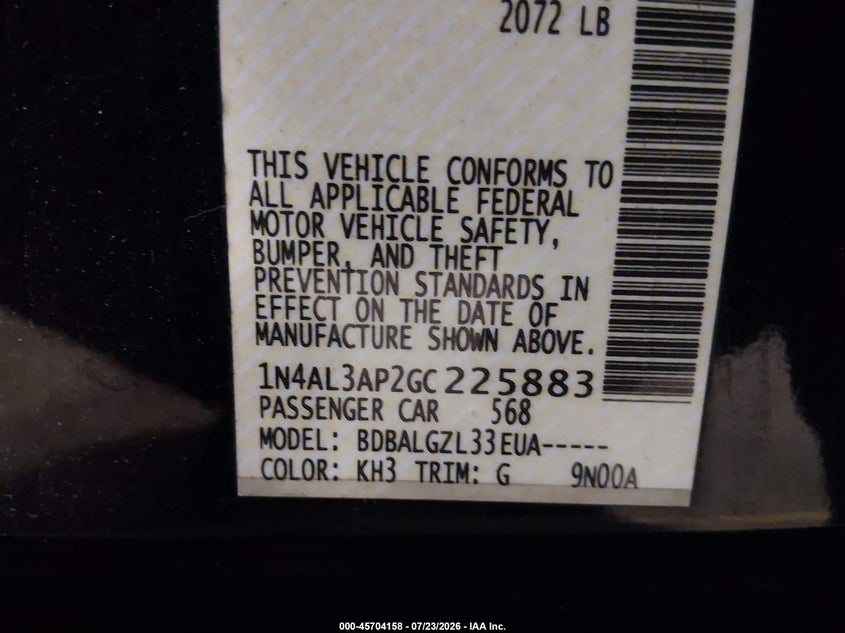 NISSAN ALTIMA 2016 VIN 1N4AL3AP2GC225883