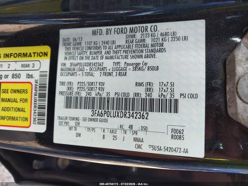 2013 FORD FUSION SEDAN 2.0L I-4 DOHC, VVT, 141HP