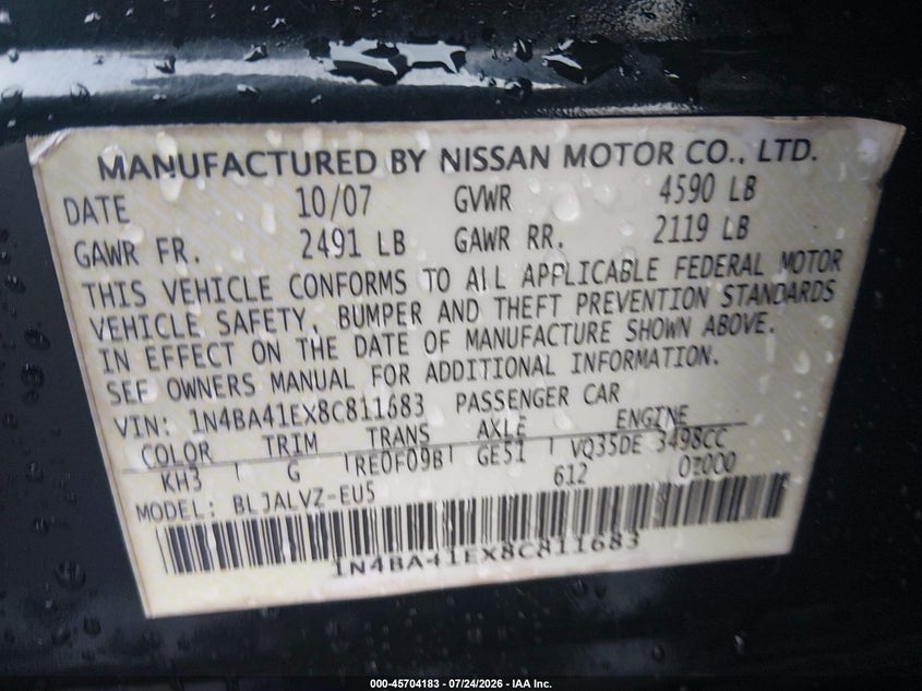 NISSAN MAXIMA 2008 VIN 1N4BA41EX8C811683