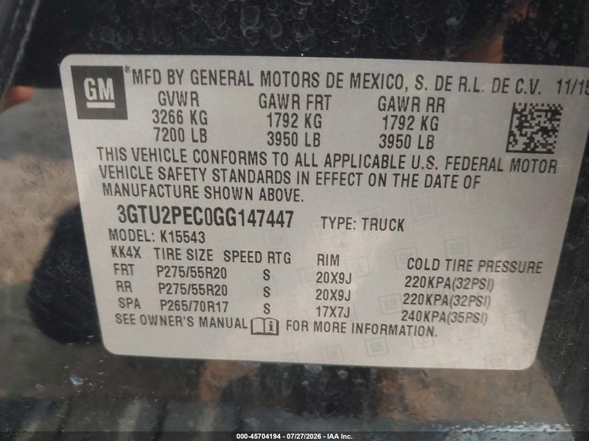 GMC SIERRA 1500 2016 VIN 3GTU2PEC0GG147447