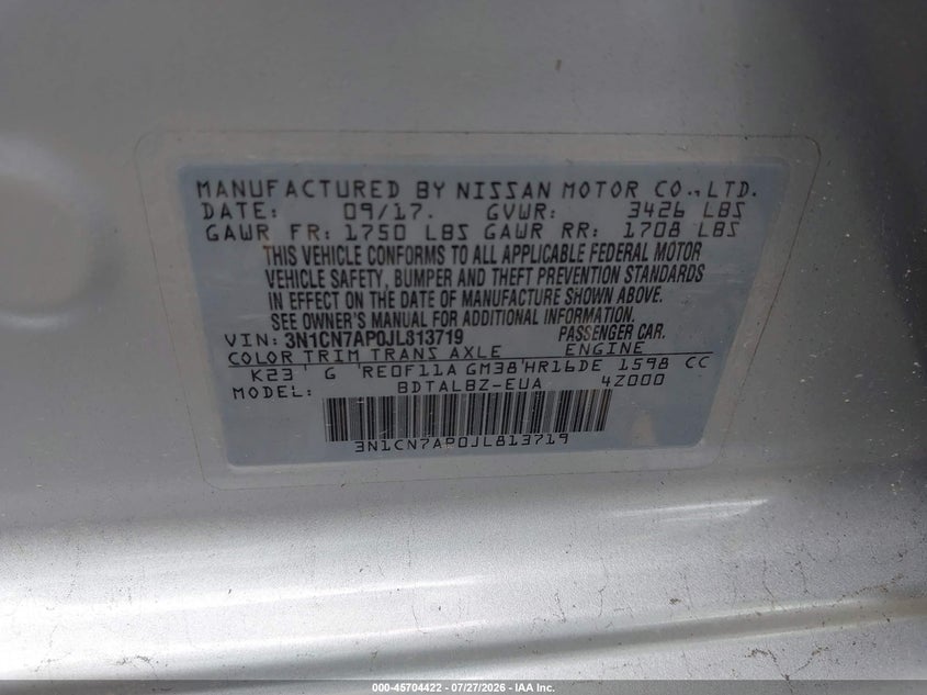 NISSAN VERSA 2018 VIN 3N1CN7AP0JL813719