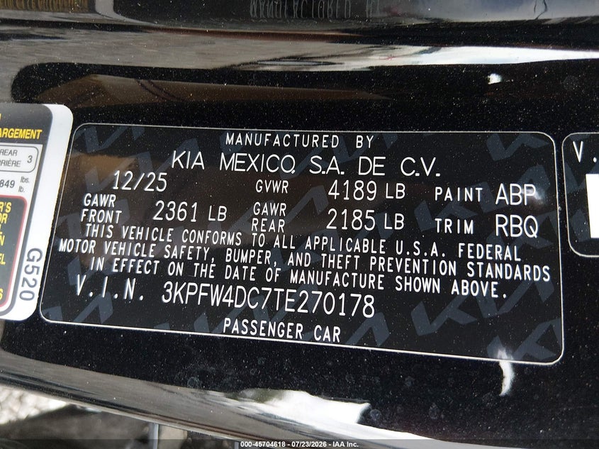KIA K4 2026 VIN 3KPFW4DC7TE270178