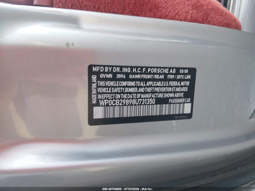 PORSCHE BOXSTER 2008 VIN WP0CB29898U731350