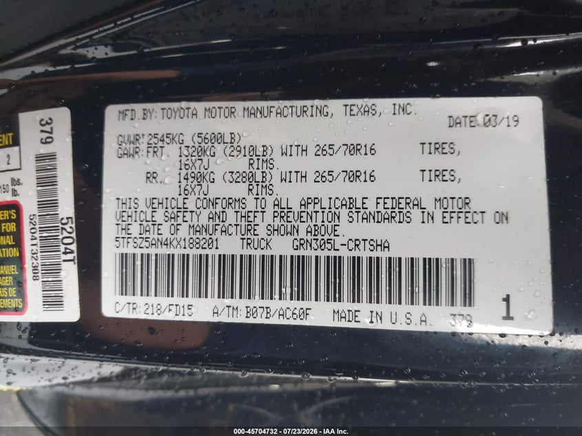 TOYOTA TACOMA 2019 VIN 5TFSZ5AN4KX188201