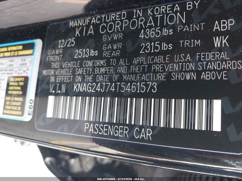 KIA K5 2026 VIN KNAG24J74T5461573