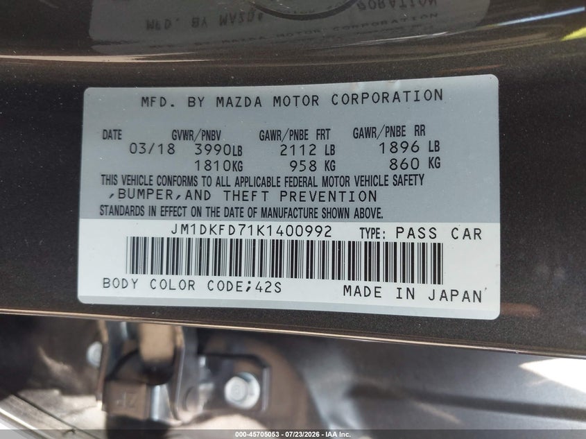 MAZDA CX-3 2019 VIN JM1DKFD71K1400992