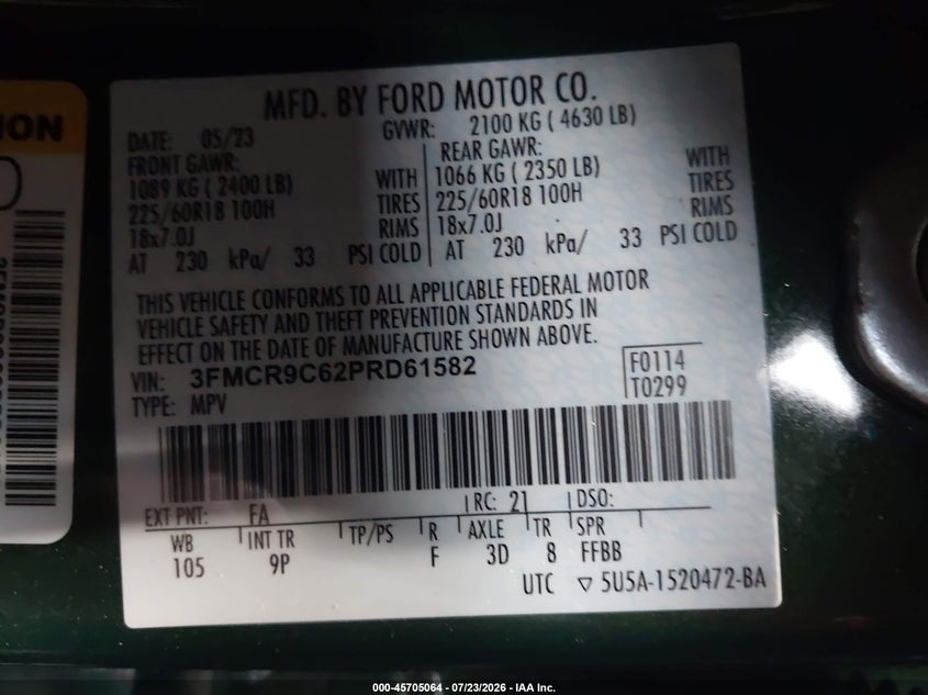 FORD BRONCO SPORT 2023 VIN 3FMCR9C62PRD61582