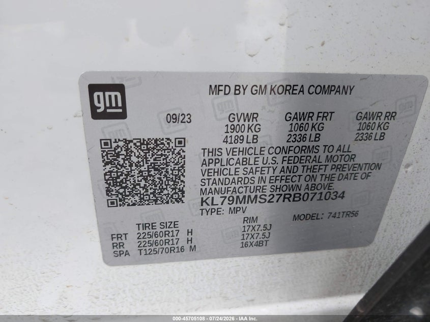 CHEVROLET TRAILBLAZER 2024 VIN KL79MMS27RB071034