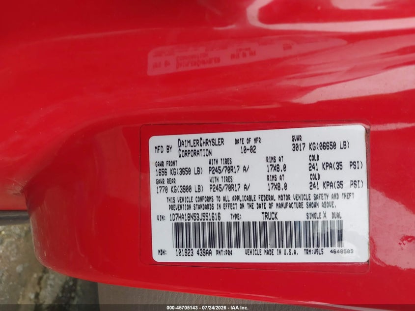 DODGE RAM 1500 2003 VIN 1D7HA18N53J551616