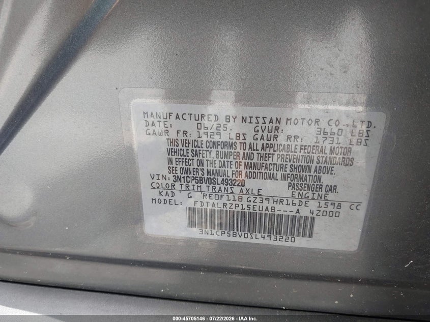 NISSAN KICKS PLAY 2025 VIN 3N1CP5BV0SL493220