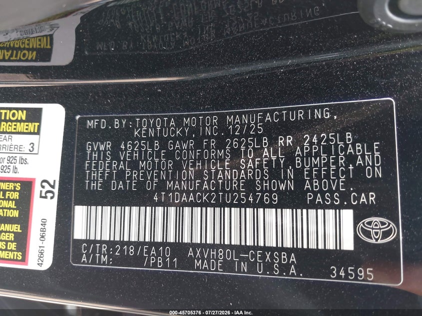 TOYOTA CAMRY 2026 VIN 4T1DAACK2TU254769
