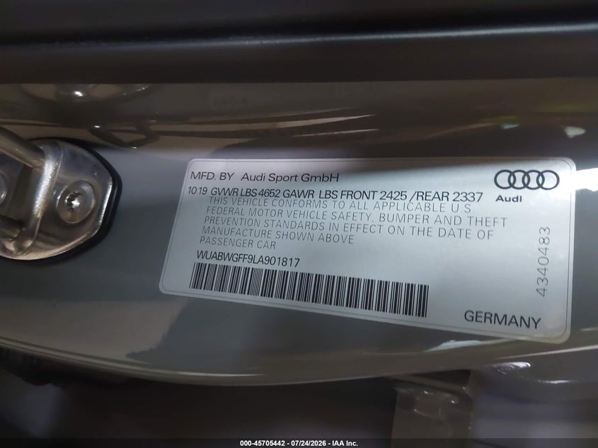 AUDI RS 3 2020 VIN WUABWGFF9LA901817