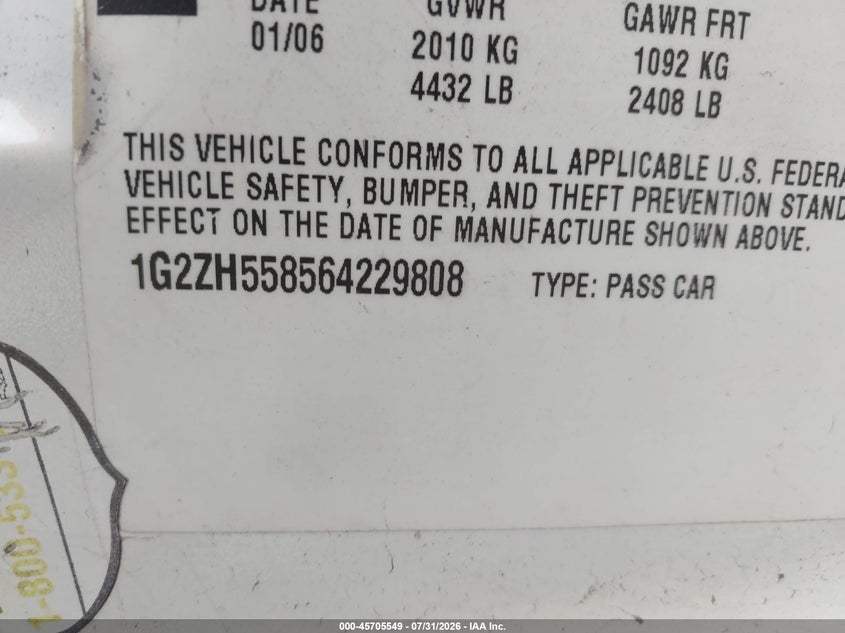 2006 PONTIAC G6 SEDAN 3.5L V-6 201HP