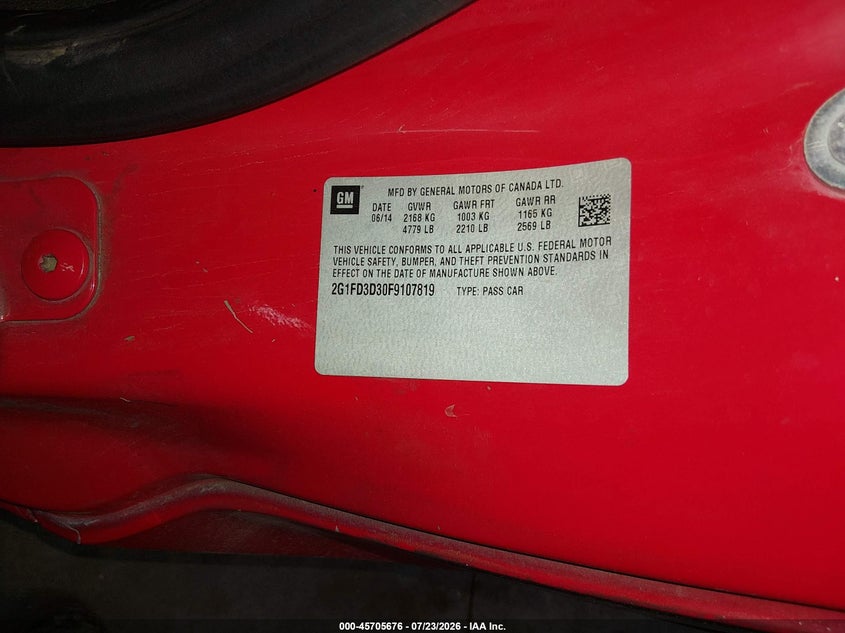 CHEVROLET CAMARO 2015 VIN 2G1FD3D30F9107819