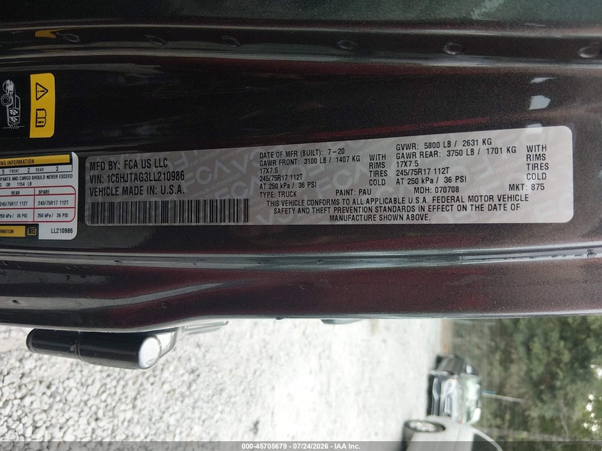JEEP GLADIATOR 2020 VIN 1C6HJTAG3LL210986