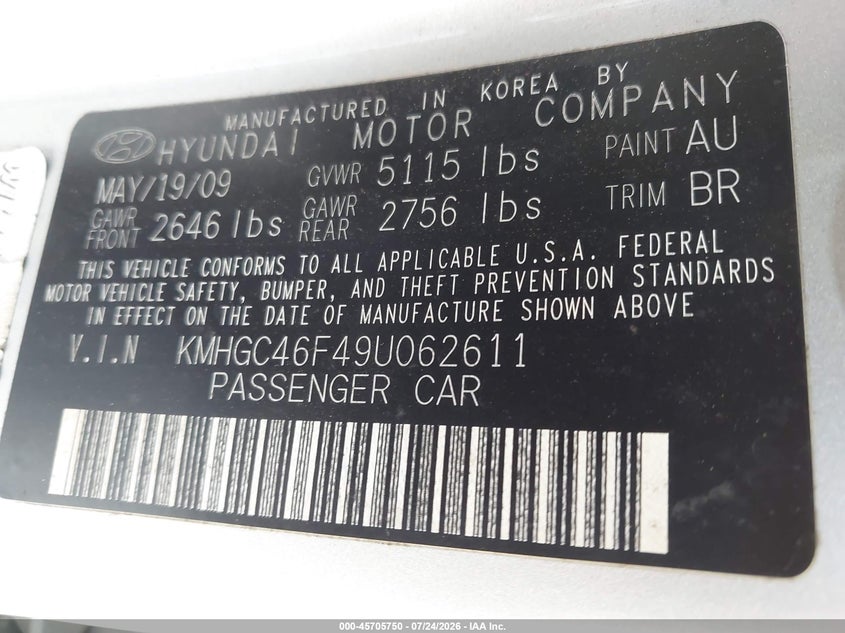 HYUNDAI GENESIS 2009 VIN KMHGC46F49U062611