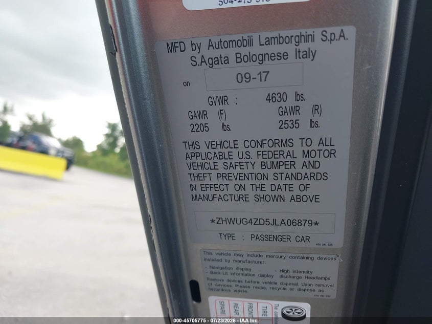 LAMBORGHINI AVENTADOR S 2018 VIN ZHWUG4ZD5JLA06879