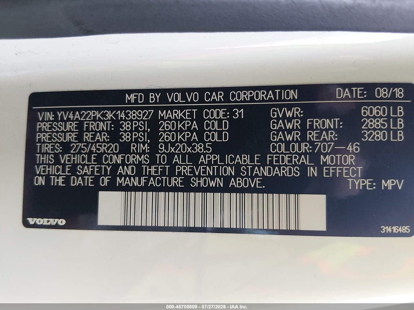 VOLVO XC90 2019 VIN YV4A22PK3K1438927