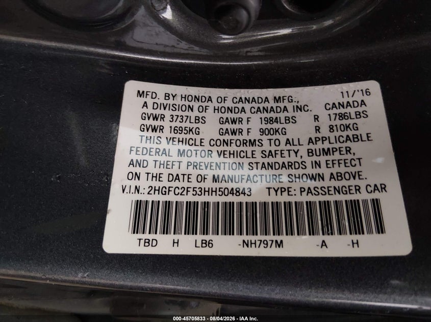 HONDA CIVIC 2017 VIN 2HGFC2F53HH504843