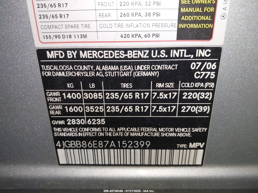 MERCEDES-BENZ ML 350 2007 VIN 4JGBB86E87A152399