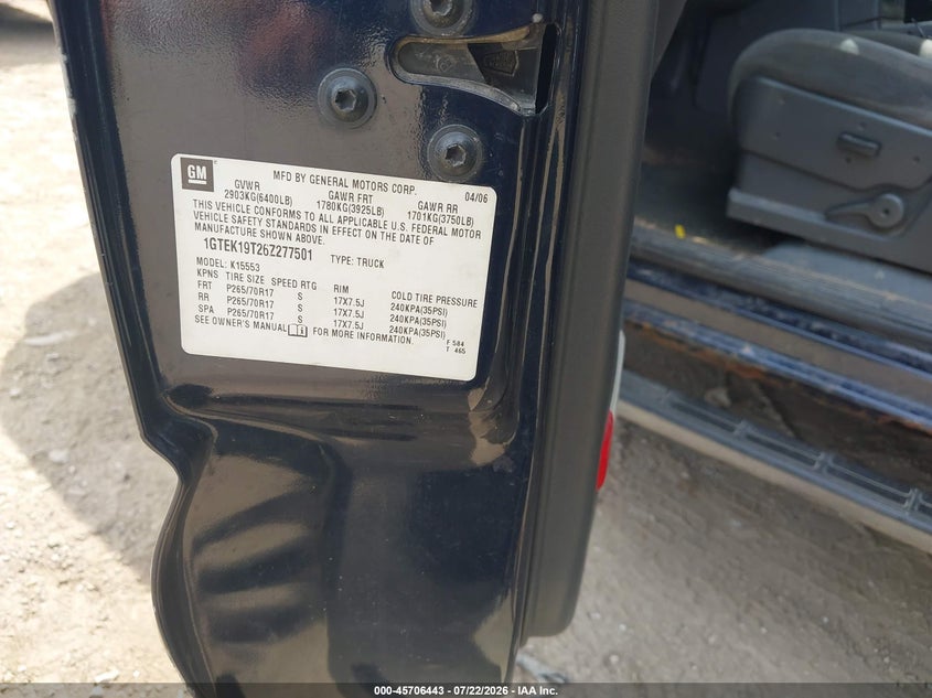 GMC SIERRA 1500 2006 VIN 1GTEK19T26Z277501