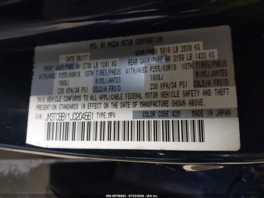 MAZDA CX-9 2018 VIN JM3TCBBY1J0204561