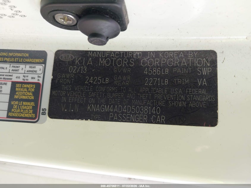 KIA OPTIMA HYBRID 2013 VIN KNAGM4AD4D5038140