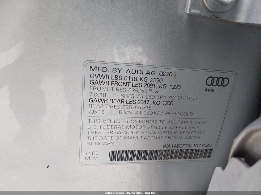 2020 AUDI Q3 SPORT UTILITY VEHICLE 2.0L I-4 DI, DOHC, VVT, TURBO, 228HP